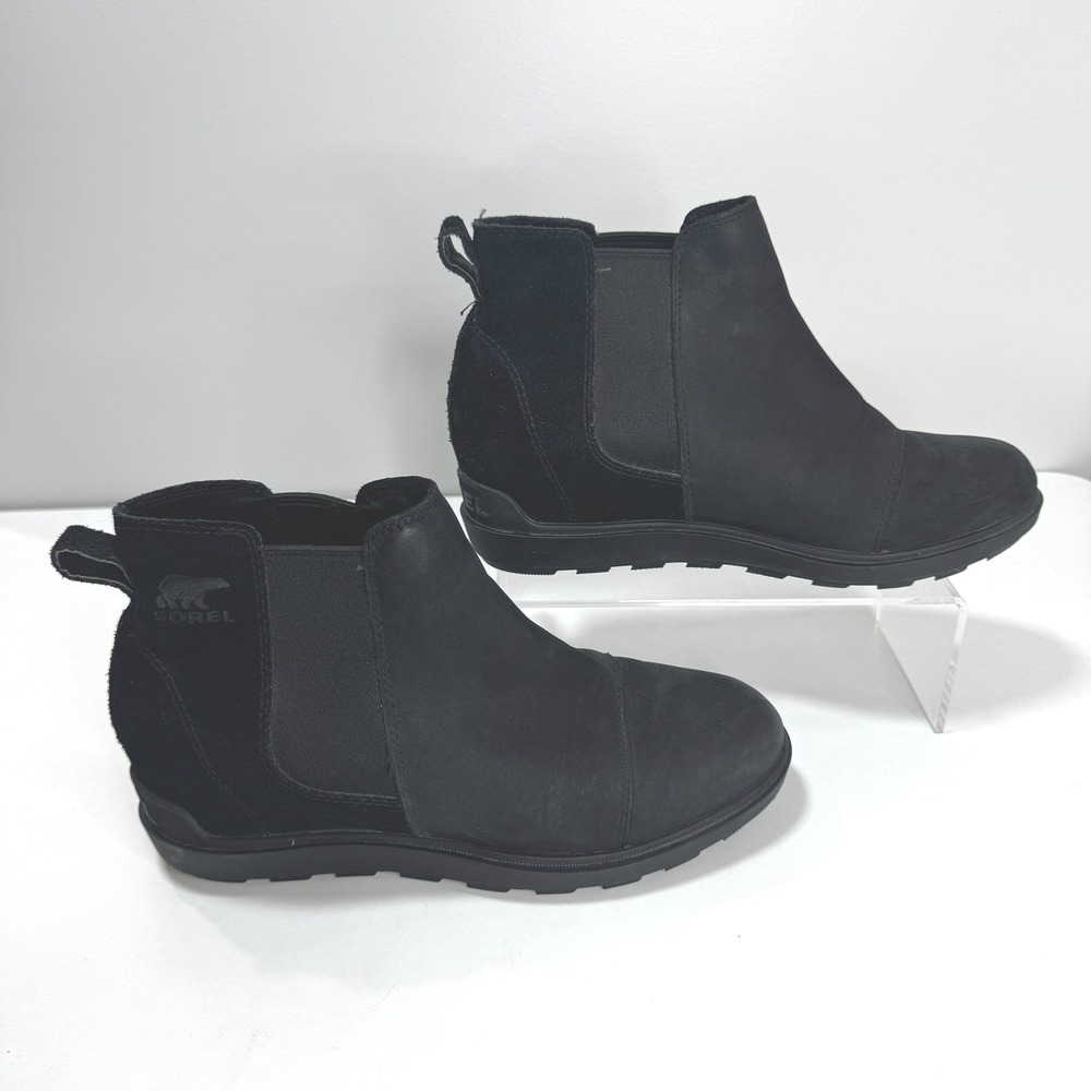 Sorel Evie II Chelsea Boots W 10 Black Leather Suede Wedge Waterproof NL5020-010
